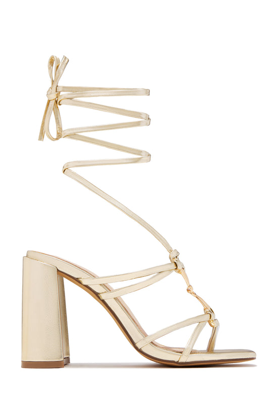 VIP Strut Lace Up Chunky Heels - Gold