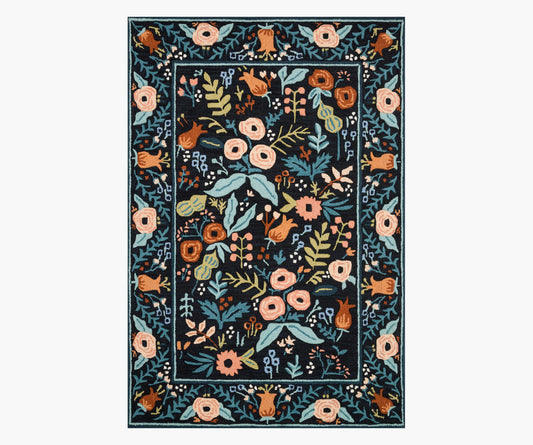 Les Fleurs Lourdes Wool-Hooked Rug - Black