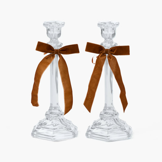 Glass Column Candle Holders with Chocolate Bows (Pair)